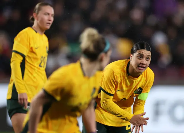 Sam Kerr gees up her Australia teammates.