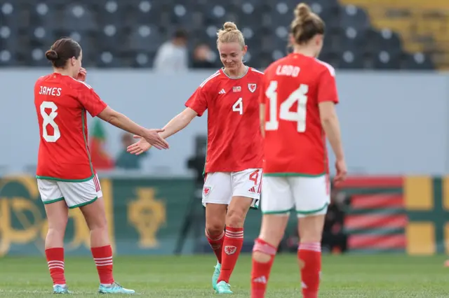 Wales celebrate scoring v Portugal.