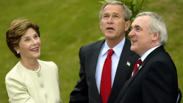 George W Bush and First Lady Laura Bush with Irish Prime Minister Bertie Ahern