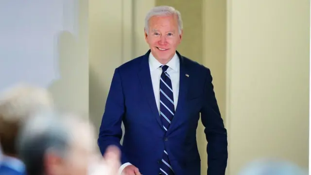 US President Joe Biden arrives to deliver his keynote speech at Ulster University in Belfast