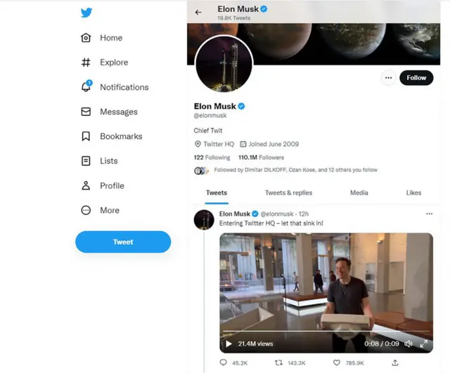 This screen grab shows the Twitter account of billionaire Tesla chief Elon Musk on October 27, 2022 with the profile "Chief Twit".