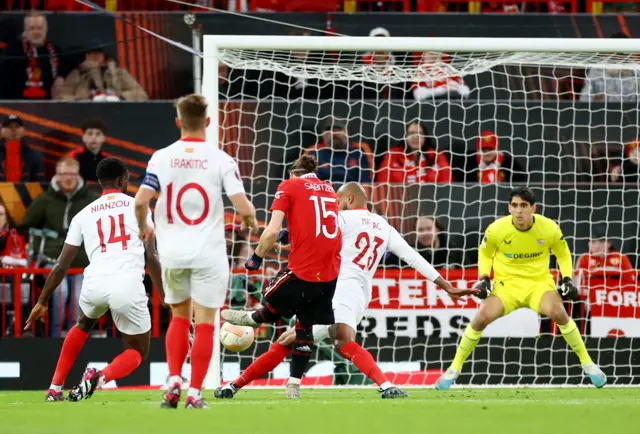 Marcel Sabitzer scores Manchester United's first goal against Sevilla in the Europa League quarter-finals