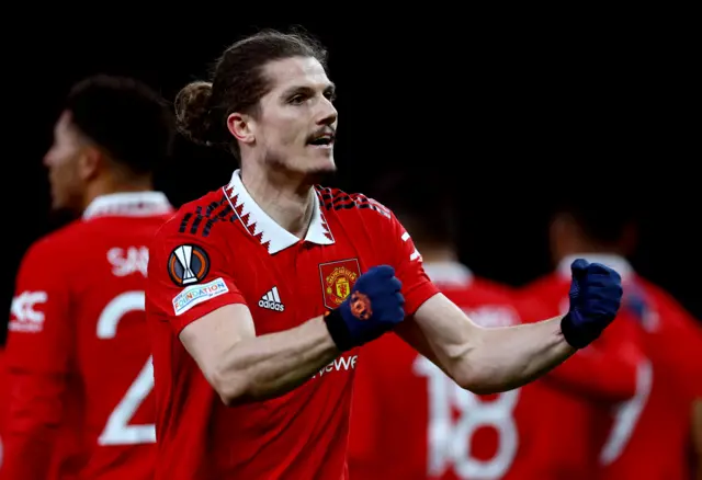 Marcel Sabitzer celebrates scoring Manchester United's second goal against Sevilla in the Europa League quarter-finals