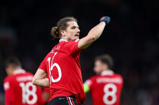 Manchester United's Marcel Sabitzer celebrates scoring against Sevilla