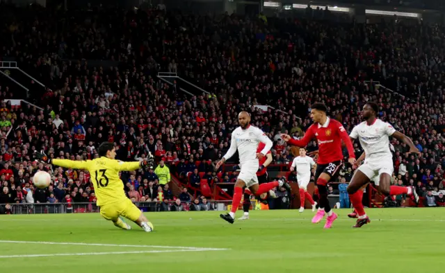 Manchester United's Jadon Sancho scores a goal that was later disallowed