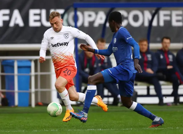 West Ham United's Jarrod Bowen in action with KAA Gent's Joseph Okumu