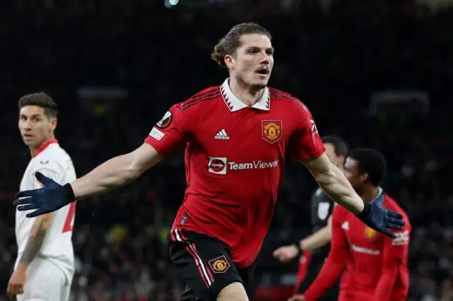 Manchester United's Marcel Sabitzer celebrates scoring their first goal