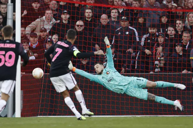 Lorzeno Pellegrini misses a penalty for Roma against Feyenoord.