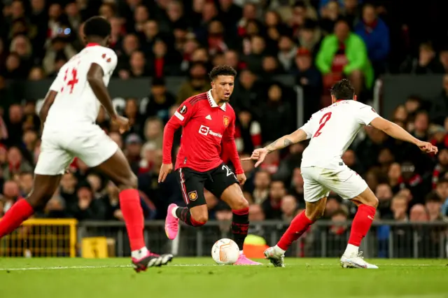 Manchester United's Jadon Sancho (C) in action during the UEFA Europa League quarter final first leg soccer match between Manchester United and Sevilla FC