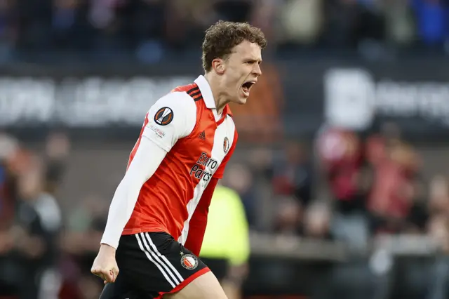 Mats Wieffer celebrates giving Feyenoord the lead against Roma in the Europa League