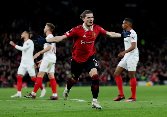 Marcel Sabitzer celebrates giving Manchester United the lead against Sevilla in the Europa League quarter-finals