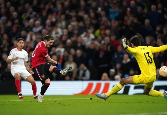 Manchester United's Marcel Sabitzer (second left) scores their side's second goal of the game during the UEFA Europa League quarter-final first leg match at Old Trafford, Manchester.