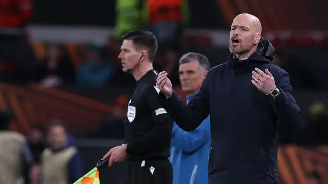 Manchester United boss Erik ten Hag issues instructions to his side