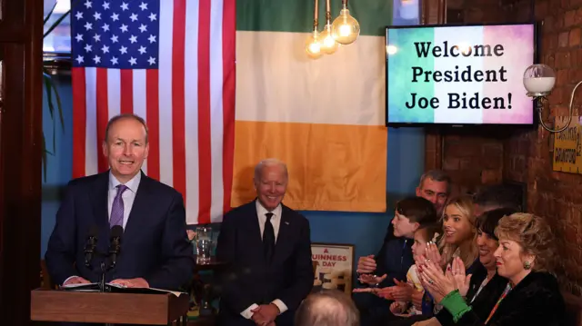 Irish Tánaiste (Deputy Prime Minister) Michael Martin speaks alongside US President Joe Biden in an Irish pub