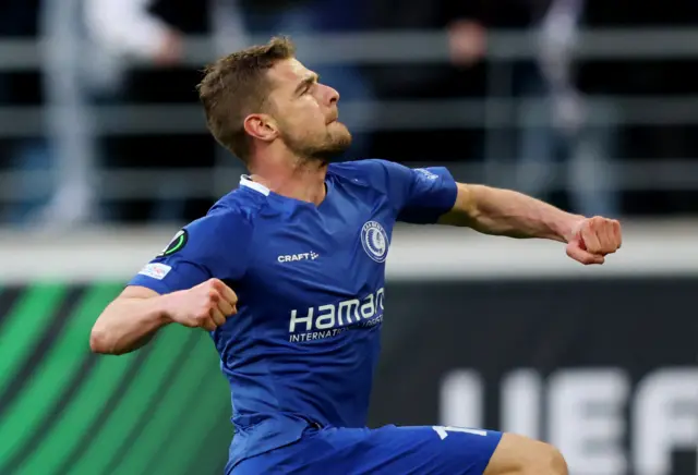 Hugo Cuypers celebrates equalising for Gent against West Ham in the Europa Conference League