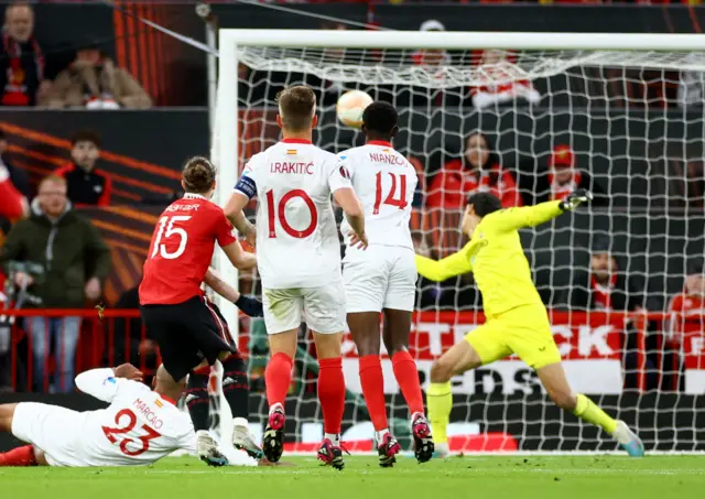 Marcel Sabitzer scores for Manchester United against Sevilla in the Europa League quarter-finals