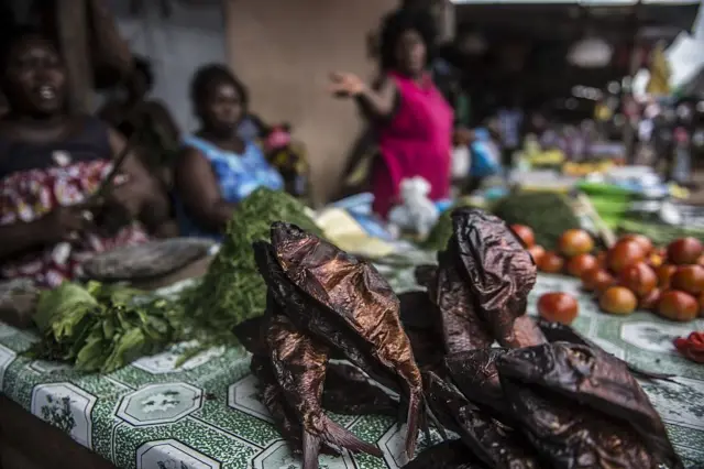 Dried fish and vegetables on sale in Port-Gentil in 2017.