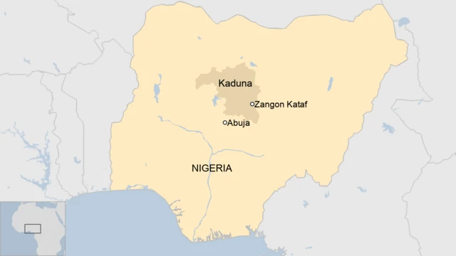 A map of Nigeria showing the capital, Abuja, plus Kaduna state and its district of Zangon Kataf.