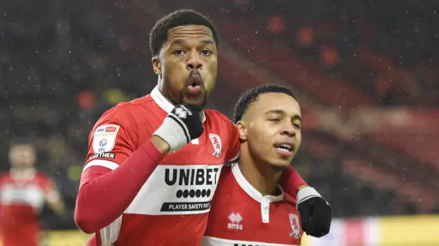 Chuba Akpom celebrating with Cameron Archer