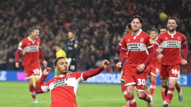 Cameron Archer celebrates scoring a Middlesbrough goal