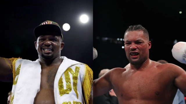 Split screen of Dillian Whyte celebrating and Joe Joyce celebrating