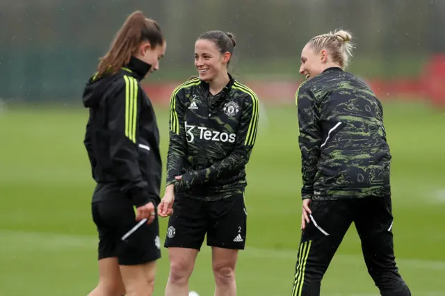 Manchester United players Leah Galton, Ona Batlle and Maya Le Tissier in training