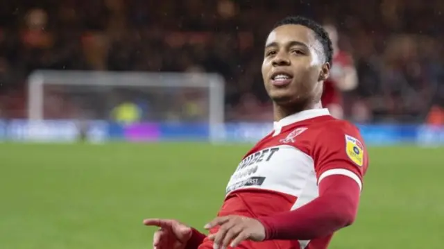 Cameron Archer celebrates scoring a goal for Middlesbrough against Norwich