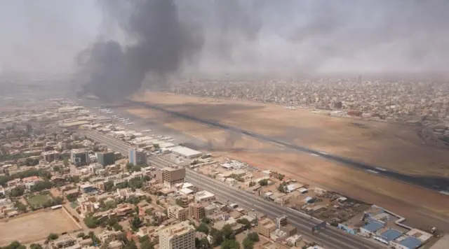 Reuters news agency acquired this picture, taken on Saturday, giving an aerial view of Khartoum airport during Saturday's clashes