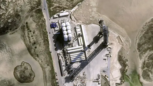 Aerial photo of launch pad showing tank farm