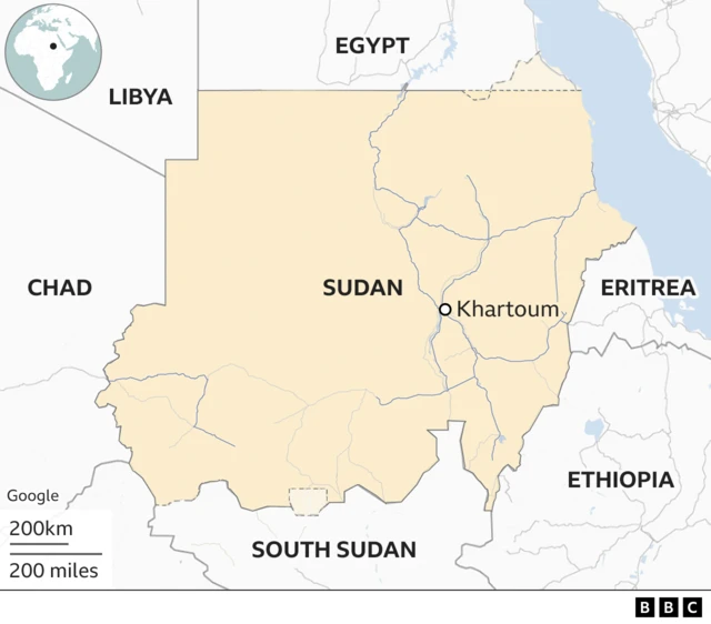 A BBC map shows Sudan surrounded by its neighbours - South Sudan, Ethiopia, Eritrea, Egypt, Libya and Chad - with the country's capital Khartoum also marked