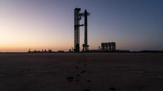 Starship is seen on its Boca Chica launchpad