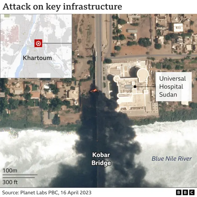 Satellite image of the Kobar bridge in Khartoum on fire, with a smoke plume rising up from across the road from a hospital