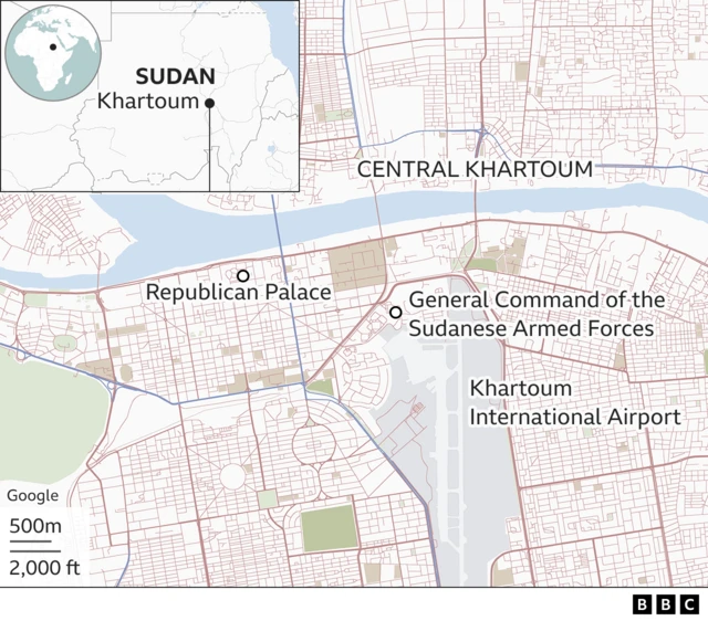 Map shows key locations in Khartoum, including the international airport, army command building, and the Republican Palace