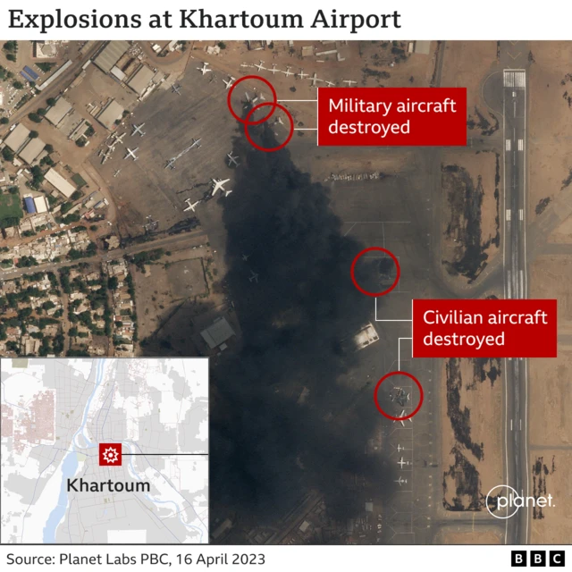 Satellite image of smoke over Khartoum airport, with destroyed military and civilian aircraft visible