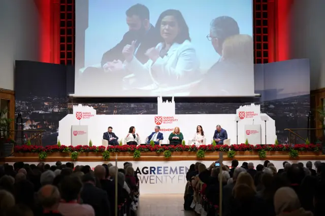 Social Democratic and Labour Party leader Colum Eastwood, Sinn Fein Party leader Mary Lou McDonald, Mark Simpson, Alliance Party leader Naomi Long, Emma Little-Pengelly and Ulster Unionist Party leader Doug Beattie