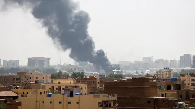 Smoke rises from burning aircraft inside Khartoum Airport during clashes between the paramilitary Rapid Support Forces and the army in Khartoum, Sudan April 17, 2023.