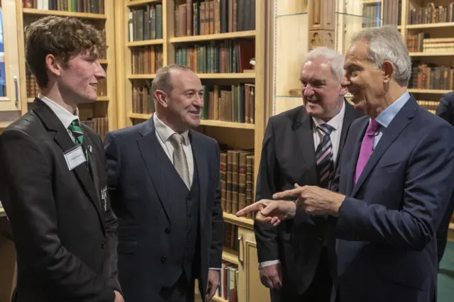 Tony Blair and Bertie Ahern with Head Boy Diarmuid Hanna and Principal Paul McBride at St Malachy's School Belfast