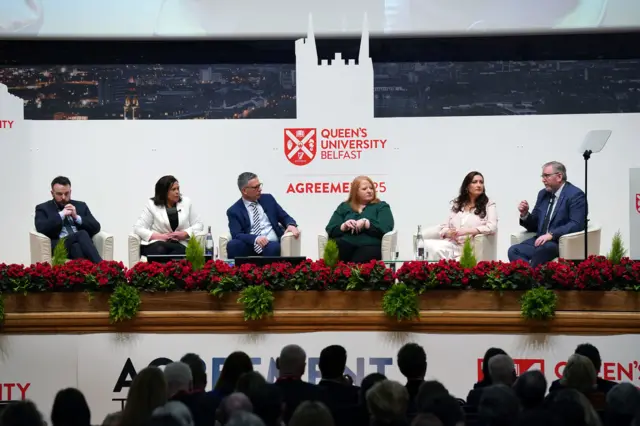 Colum Eastwood, Mary Lou McDonald, chairman Mark Simpson, Naomi Long, Emma Little-Pengelly and Doug Beattie