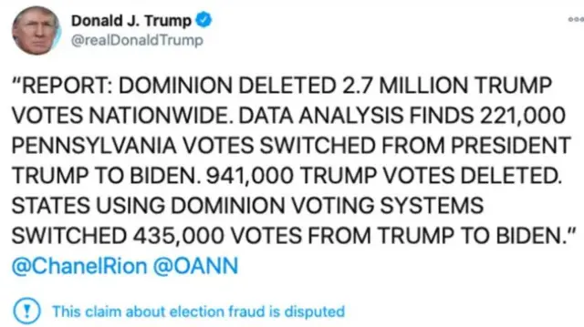 A screenshot of a tweet by former US president Donald Trump, accusing Dominion of deleting millions of votes for him in the 2020 election