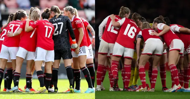 Man Utd and Arsenal teams huddle before kick off.