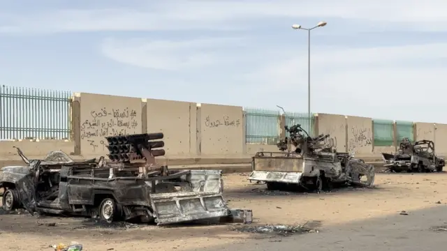 A view of vehicles of RSF, damaged after clashes between the Sudanese Armed Forces and the paramilitary Rapid Support Forces (RSF) in Khartoum,