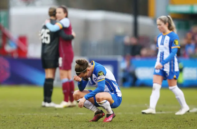 Julia Zigiotti Olme of Brighton & Hove Albion looks dejected following defeat after the FA Women's Super League match between Brighton & Hove Albion and Aston Villa at Broadfield Stadium on February 12, 2023 in Crawley, England