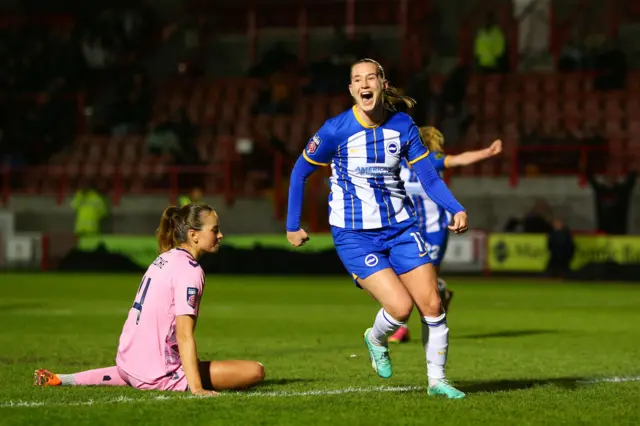 Elisabeth Terland of Brighton & Hove Albion celebrates after scoring the team's third goal during the FA Women's Super League match between Brighton & Hove Albion and Everton FC at Broadfield Stadium on April 19, 2023 in Crawley, England.