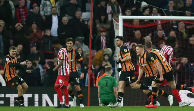 Hull celebrate a goal against play-off hopefuls Sunderland in a 4-4 thriller on Good Friday