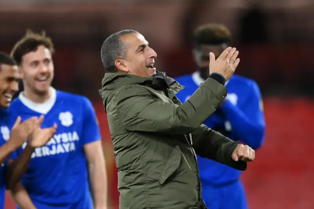 Cardiff boss Sabri Lamouchi celebrates his side's win at Watford