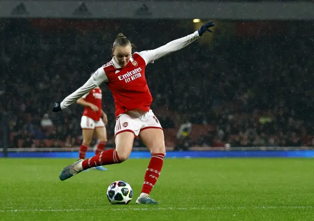 Arsenal's Frida Maanum scores v Bayern Munich in the Champions League