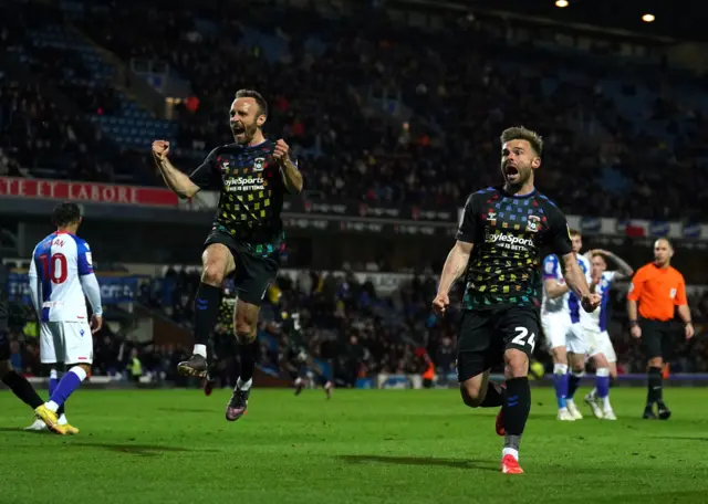 Coventry celebrate their late equaliser at Blackburn