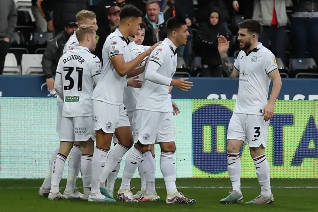 Swansea celebrate Joel Piroe's opening goal against Preston