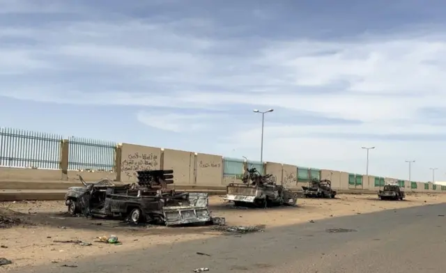 A view of RSF vehicles damaged after clashes