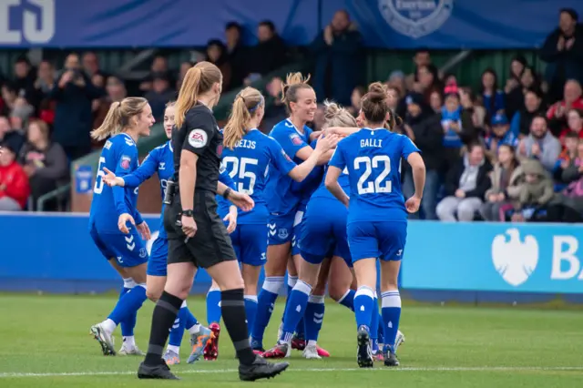 Nicoline Sorensen of Everton celebrating with team mates